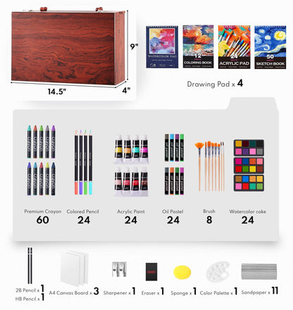 194 Piece Deluxe Art Set, Painting Drawing Art Supplies with 4 Drawing Pads, Acrylic Paints, Crayons, Colored Pencils Set in Wooden Case, Art Kit Gift Box for Kids, Teens, Adults, Artists, Beginners