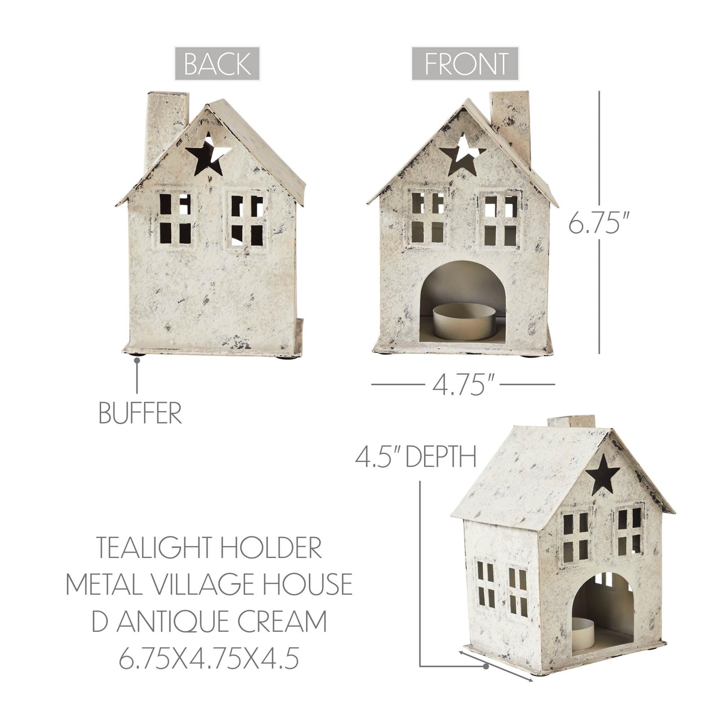 Tealight Holder Metal Village House D Antique Cream 6.75x4.75x4.5