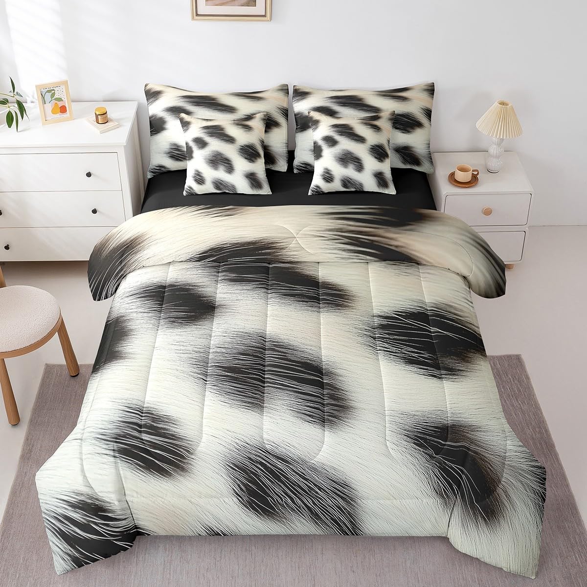 Erosebridal Cowhide Comforter Set Twin Size for Boys Cute Cow Print Bedding Set 7 Piece Western Cowboy Bed in A Bag for Kids Teens Youth Women Room Farmhouse Animal Hair Sheets, Breathable