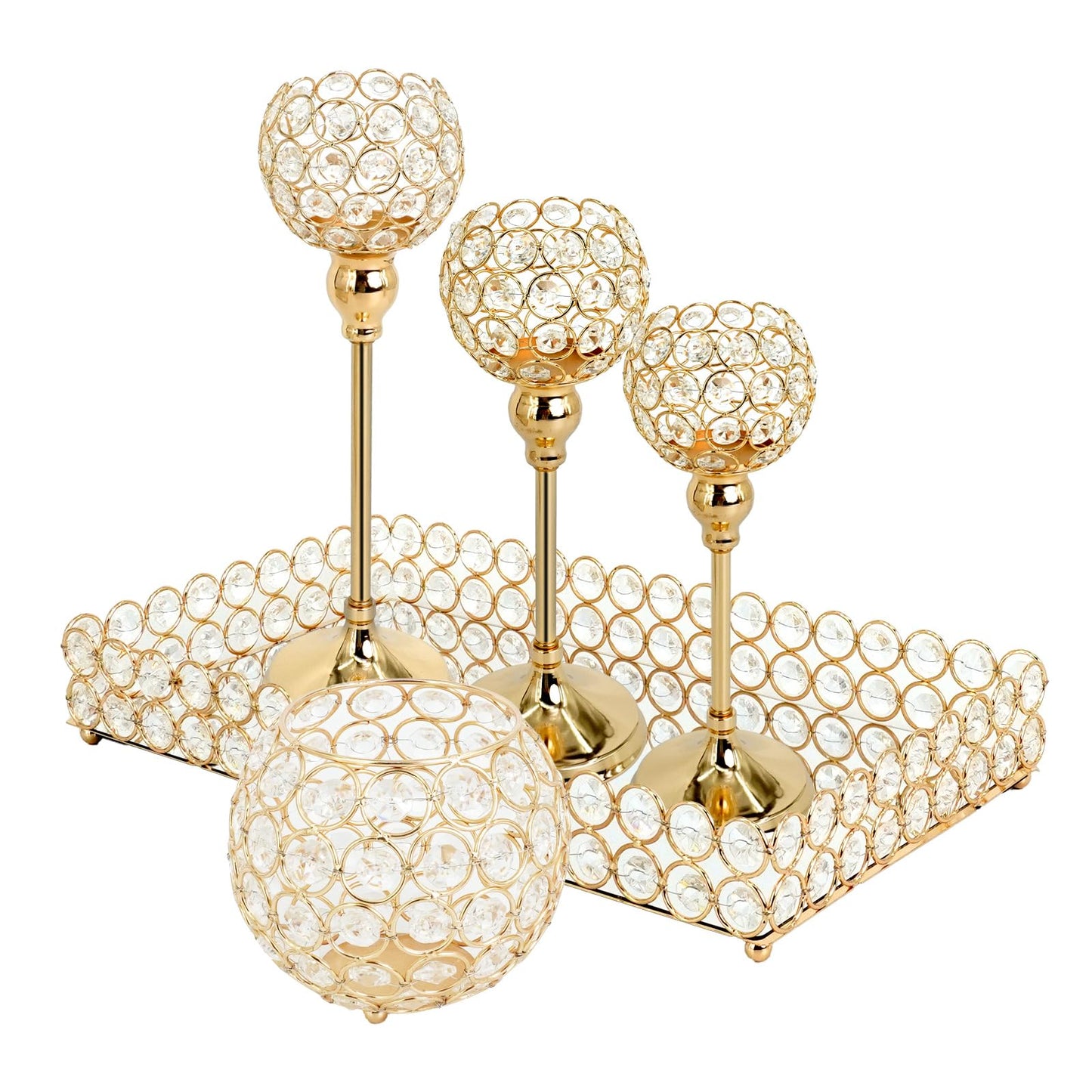UCEHIPAW 5 Pack Golden Crystal Candle Holders Table Centerpieces with Rectangular Mirror Tray Elegant Tea Light Candelabras for Dining Room Decoration Wedding Holiday Birthday Party