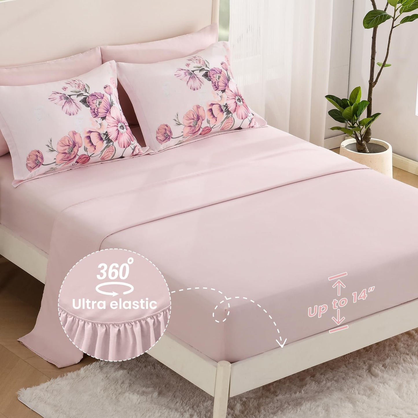 LLDSYW King Size Comforter Set - 7 Pieces Floral Comforter and Sheet Set, Pink King Size Bed in a Bag, Soft Microfiber Flower Complete Bedding Set for All Seasons（Pink,104"x90"）