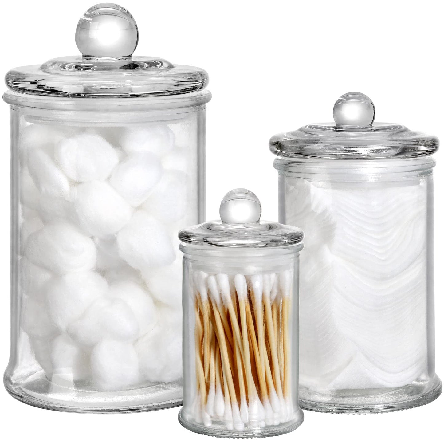 Suwimut Set of 3 Glass Apothecary Jars with Lids, Bathroom Canisters Storage Container Jars, Decorative Small Glass Apothecary Jar for Cotton Swabs, Cotton Balls, Makeup Sponges, Bath Salts