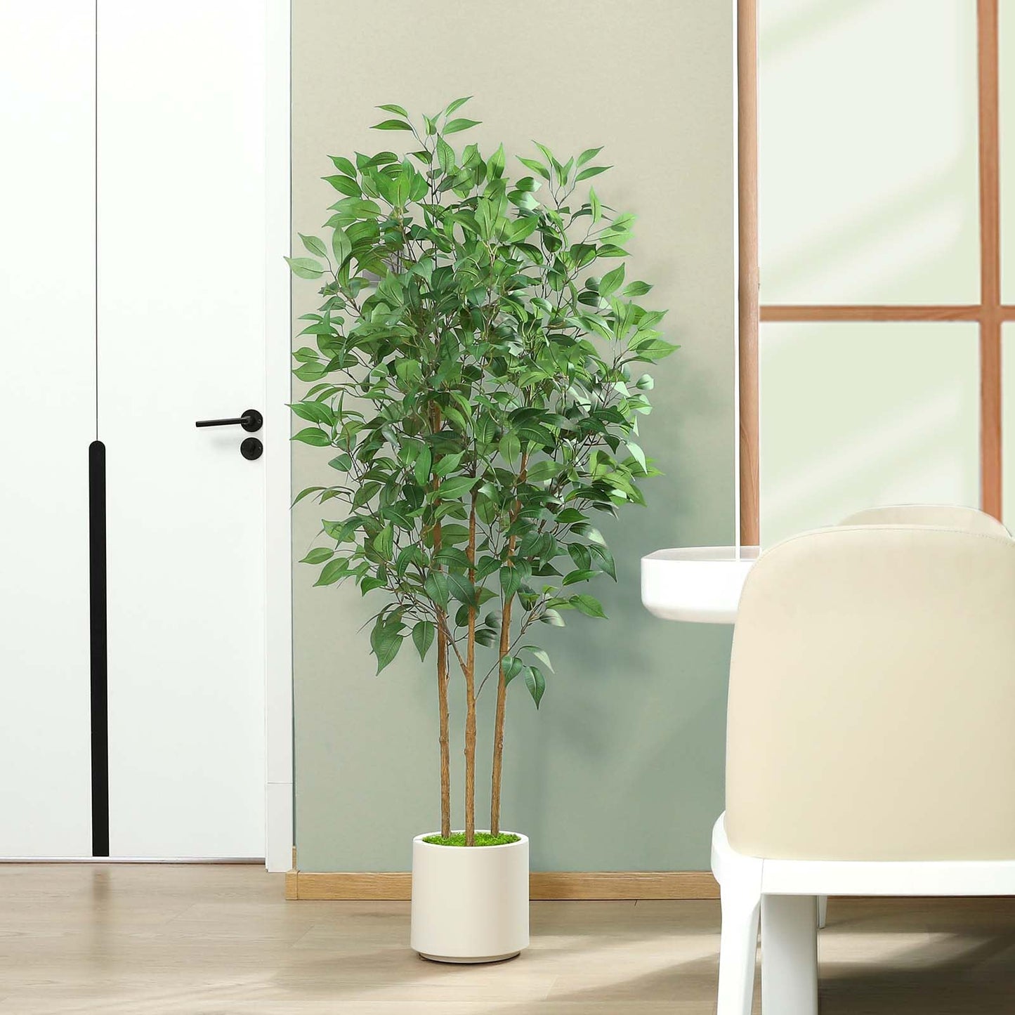 SOGUYI Ficus Artificial Tree 5ft Tall Fake Ficus Tree for Home Decor Indoor Faux Silk Ficus Plant Fake Floor Plant in White Imitation Ceramic Planter with Green Fake Moss, Set of 1