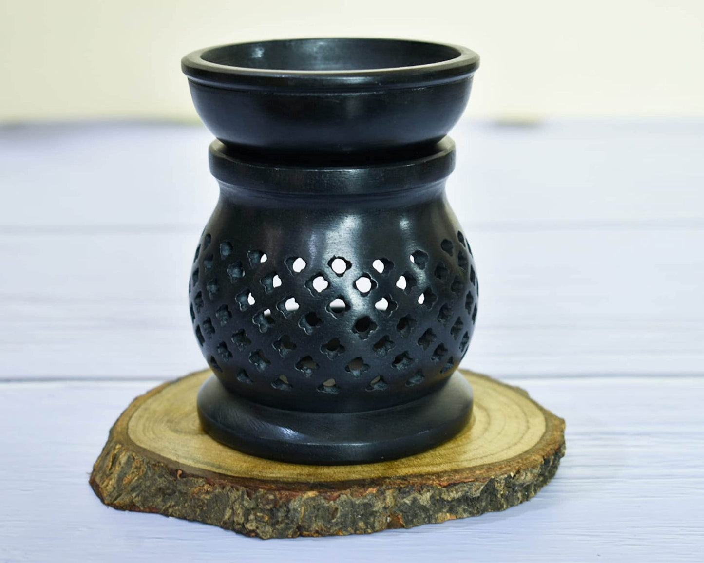 Oil Burner Aroma Diffuser|Soapstone Tea Light Holder|Black Hand Carved Jali Work|Soapstone|for Aromatherapy- 5 inch (Design 1)