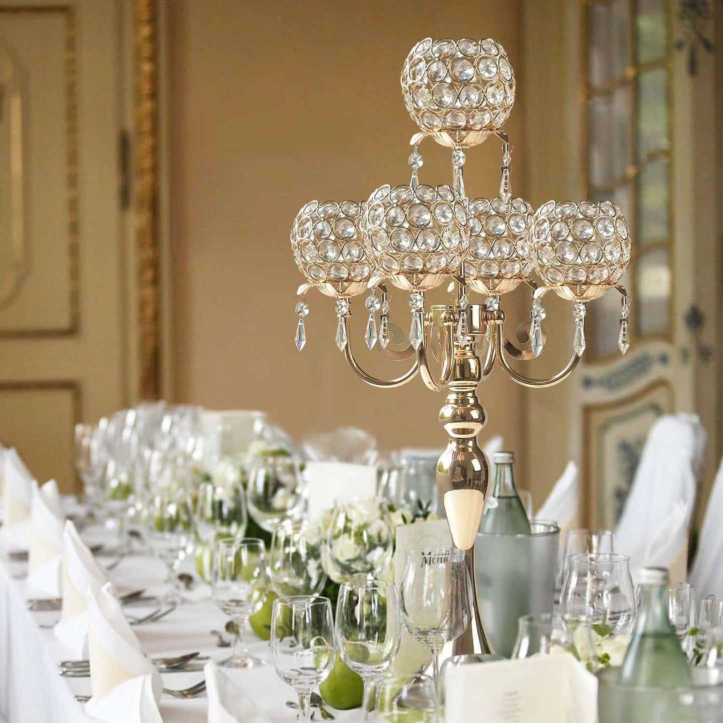 Kehail 5 Arm Gold Candle Holder 22.5 Inch Tall Crystal with Pendant, Romantic Home Decor Elegant Candlestick Holder for Dates Wedding Receptions Holiday Party Important Events