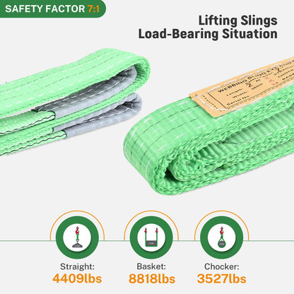 2 PCS Lifting Slings Straps Polyester Web Slings, Lift Sling Straps 3.3 FtX2 in, Polyester Lifting Sling Tow Strap Flat Eye & Eye 2PLY Straight 4409 LBS Basket 8818 LBS Choker 3527 LBS (Green)