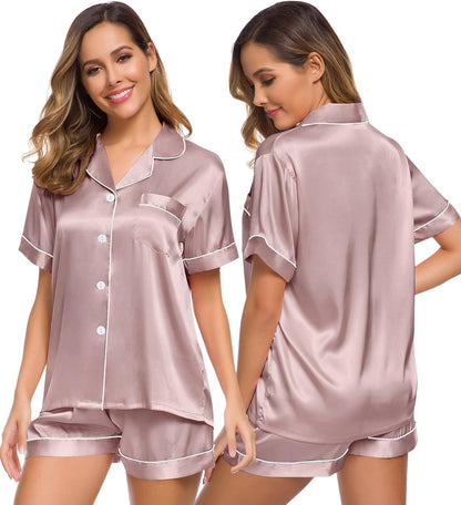SWOMOG Womens Silk Satin Pajamas Set Short Sleeve Sleepwear Button Down Top and Shorts Loungewear 2 Piece Pjs Set XS-3XL