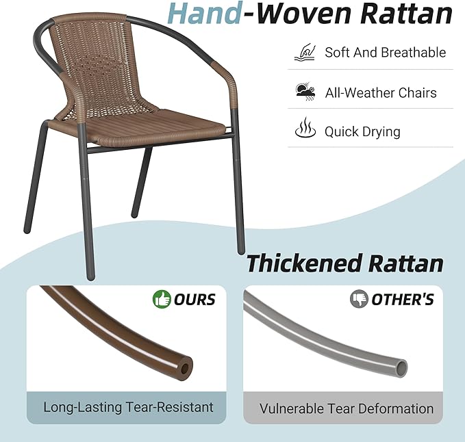 Amopatio Outdoor Dining Chairs Set of 4, Stackable Patio Chairs, Rattan Wicker Patio Dining Chairs Set of 4, Bistro, Deck, Yard, Porch, Brown