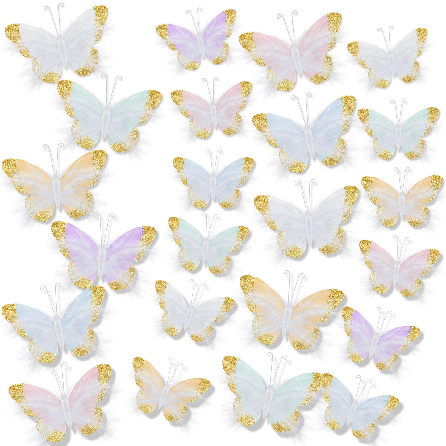 Ferrochef 24 Pcs Pastel Feather 3D Butterfly Wall Stickers Glitter Butterfly Wall Art Mural Stickers Removable Decals Decor for Wedding Party Birtyday Flower Bouquet Nursery Bedroom Cake Home Decor