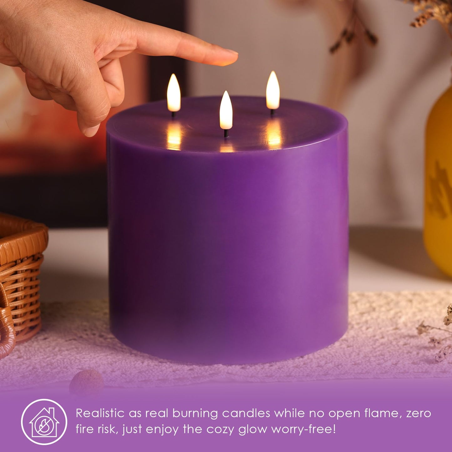 Girimax 3 Wick Purple Flickering Flameless Pillar Candle with Remote, 6x6 inch Large LED Candle Battery Powered Real Wax Coating Home Decor