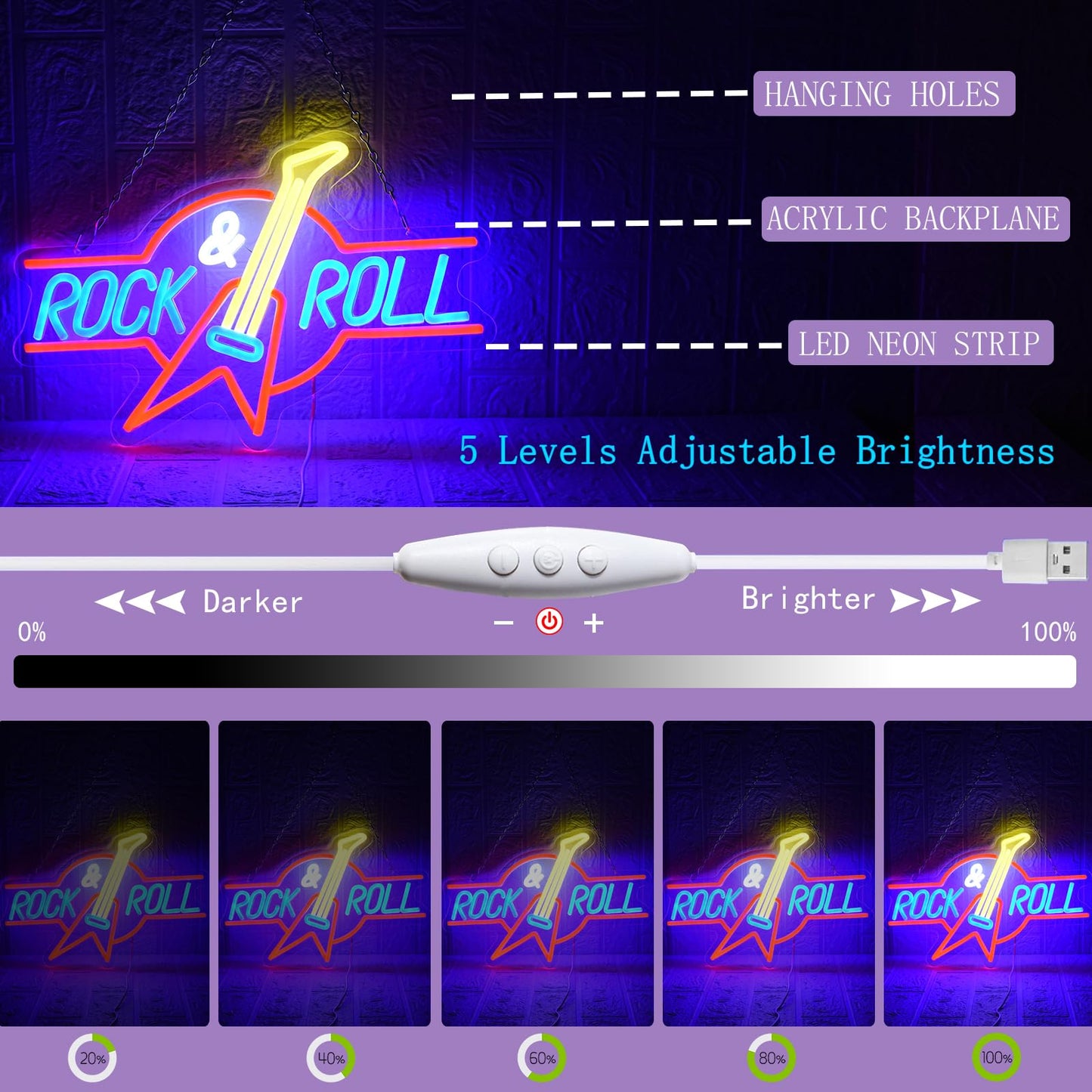 UExnkj-Y Rock Roll Neon Sign Guitar Neon Sign Led Neon Light for Wall Decor USB Powered Dimmable Music Neon Light for Bar Bedroom Music Studio Vocal Recital Concert Man Cave
