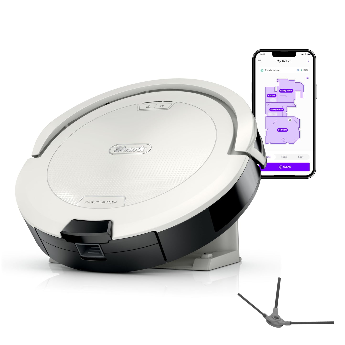 Shark Navigator Robot Vacuum with Bagless 30-Day Capacity Self-Empty Base, Powerful Suction, SmartPath Navigation, Self-Cleaning Brushroll, for Carpets & Hard Floors, White, AV2110S