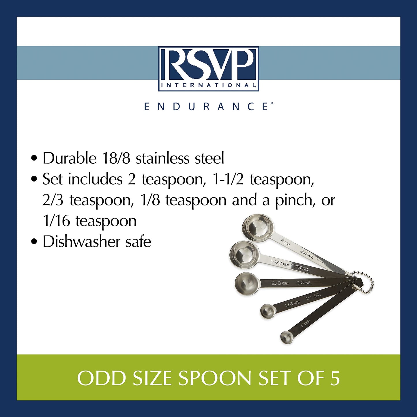 RSVP International Endurance Kitchen Collection Measuring Tools, Dishwasher Safe, Odd Sizes, 5 Piece, Stainless Steel