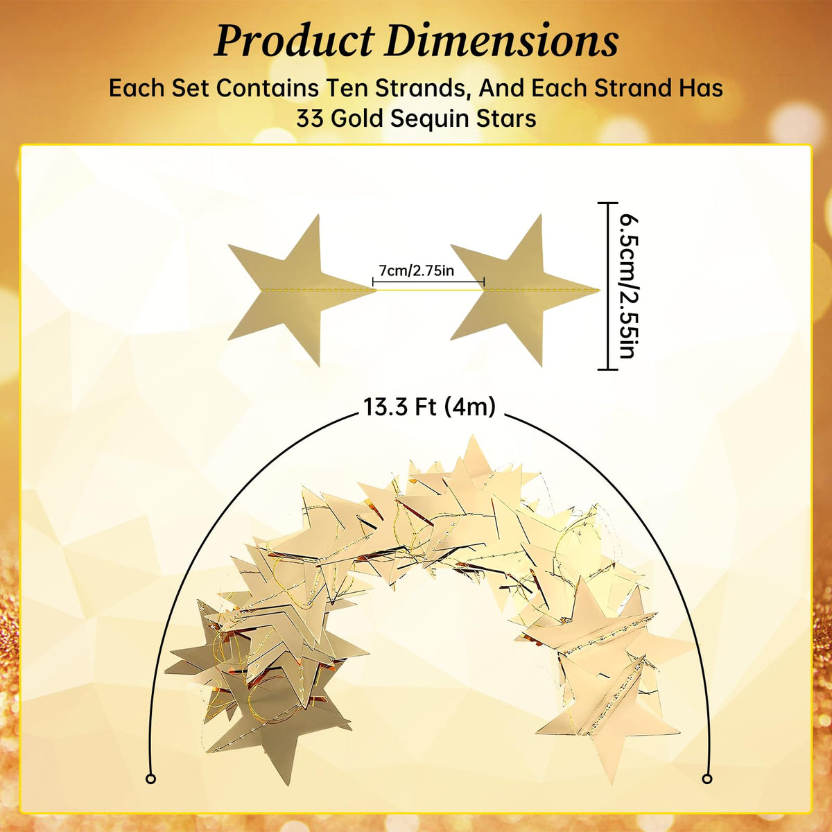 10 Pack Gold Star Garland 130FT Hanging Star Decorations, Double Sided Glitter Star Banner Streamers, Paper Star Garland for Party Wedding Birthday Graduation Ceiling Wall Decor