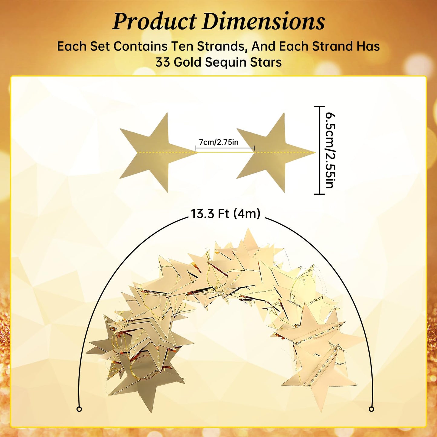 10 Pack Gold Star Garland 130FT Hanging Star Decorations, Double Sided Glitter Star Banner Streamers, Paper Star Garland for Party Wedding Birthday Graduation Ceiling Wall Decor