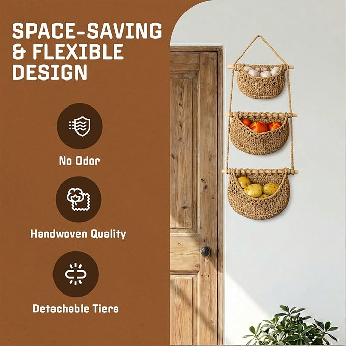 Cotton Hanging Fruit Basket, 3 Tier Woven Wall Basket, Hanging storage baskets