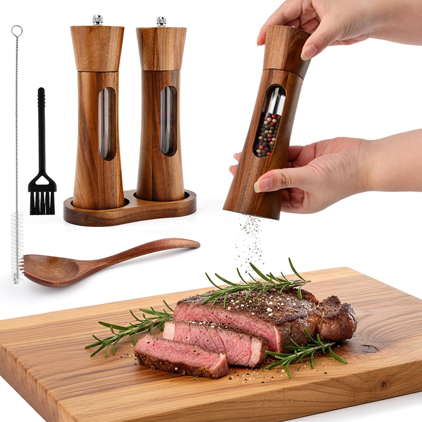 2 Pack Wooden Salt and Pepper Grinder Set with Spoon,Cleaning Brush,8 Inch Refillable Salt and Pepper Shakers,Manual Spice Mills with Clear View Window-Adjustable Coarseness