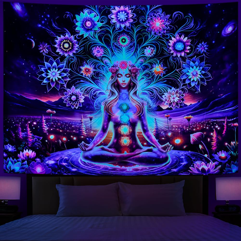 Dermijer Blacklight Seven Chakra Yoga Meditation Tapestry Flower Chakra Tapestries Galaxy Space Planet Tapestry UV Reactive Lotus Tapestries Wall Hanging for Home Decor 78.7L x 59.1W