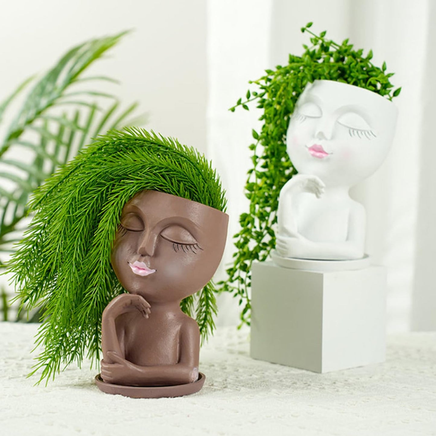EMINGSKY Cute Lady Face Planter Pot - 1PC Sleeping Beauty Resin Succulent Pot with Drainage Holes, Indoor Outdoor Head Planter for Coffee Table/Garden Balcony Decor (White)