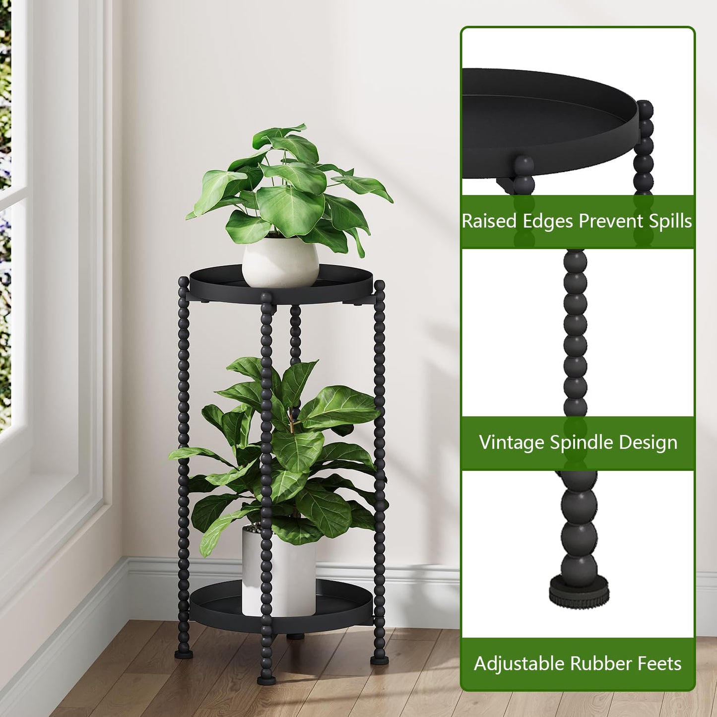 YINMIT Plant Stand Indoor Outdoor, 2 Tier Metal Plant Stand, Metal Spindle Poles Plant Stands Outdoor, Corner Flower Pot Stand, Plant Tables Indoor for Patio Garden Balcony Living Room Black