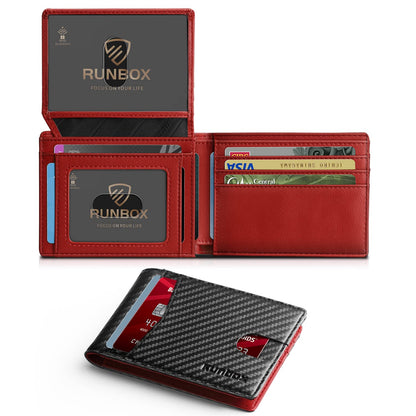 RUNBOX Men's Wallets Slim RFID Leather 2 ID Window with Gift Box, Carbon Black&red-15 Slots, M, 15 Slots