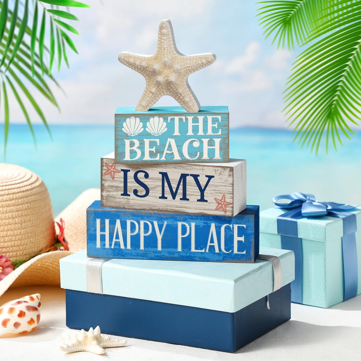 Moucuny 4 Pcs Summer Table Decoration Beach Tiered Tray Decor Starfish Coastal Rustic Wooden Block Sign Gifts Blue and White Ocean Centerpieces Farmhouse Beach Nautical Decor for Home Shelf Mantel