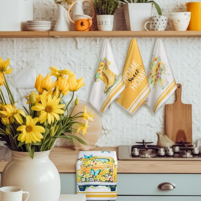 Boyiee Set of 6 Yellow Flower Kitchen Towels Decorative Floral Tea Towels