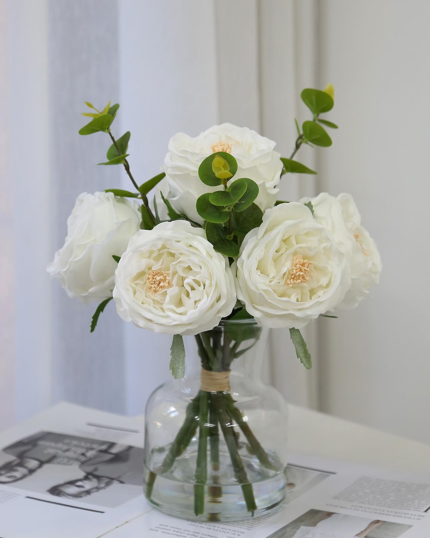 Bucoke Artificial Flowers in vase, Vivid Faux Rose Flowers Arrangements, Austin Rose Centerpieces for Tables, Flower Ornaments and Flower Arts for Living Room (White)