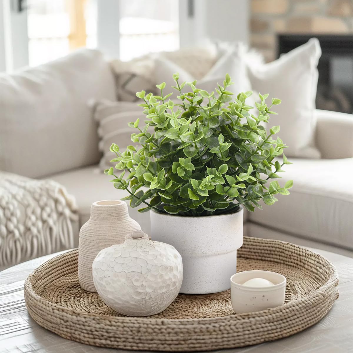 Coferset Small Fake Plants 7.45” Eucalyptus Potted Artificial Eucalyptus Plant for Bedroom Kitchen House Living Room Shelves Farmhouse Table Office Desk Bathroom Home Indoor Decor (Green)