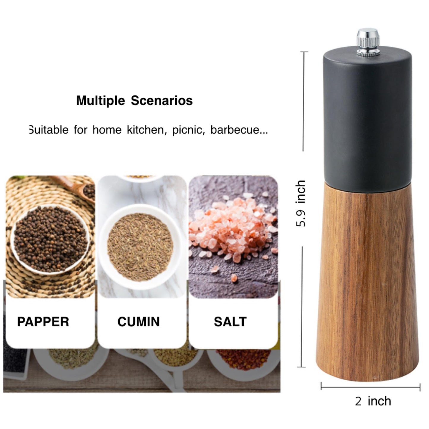 GCFTIFF Wooden Salt and Pepper Grinder Set,Crafted of Solid Acacia Wood with Ceramic Steel Core,Adjust for Customized Coarseness,Pepper Mill with Wooden Stand & Spoon(2pcs white + black,6 inches)