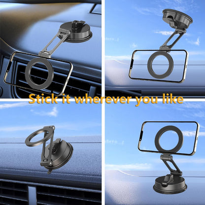 Vacuum Magnetic Phone Holder, Suction Cup Phone Mount, Foldable Strong Magnetic Cell Phone Holder for Car/Gym/Mirror/Smooth Surface,Compatible with iPhone Galaxy Phone-Black