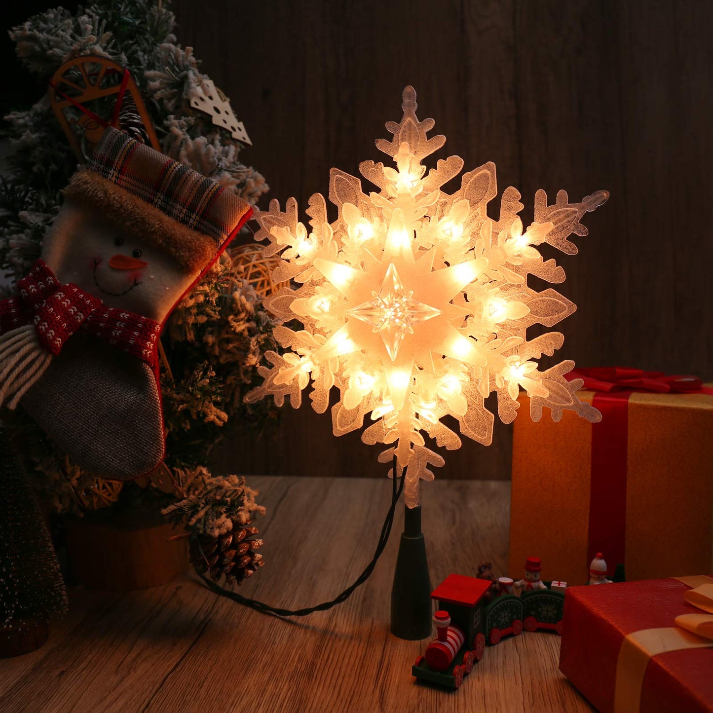 Brizled Christmas Snowflake Tree Topper, 9.25in Lighted Christmas Treetop with 20 Warm White Lights, 120V UL Certified Plug in Christmas Tree Top Star for Xmas Tree Indoor Party Home Office Decoration