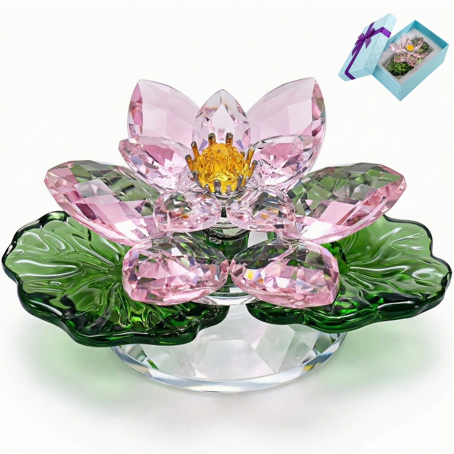 Jowgut Sparkle Crystal Lotus Flower, 4" Hue Reflection Clear Lotus Figurine with Gift Box, Glass Decorative Statue Paperweight Home Art Decor for Collection Table Centrepiece
