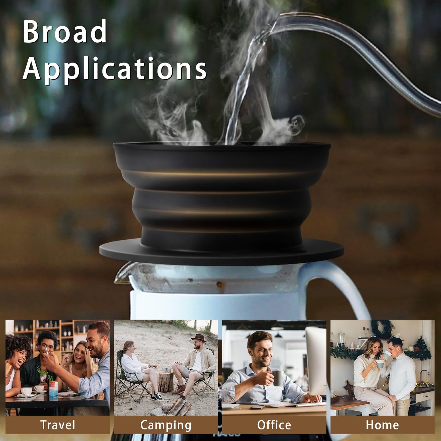 2-Packs Travel Collapsible Paperless Pour Over Coffee Dripper Kit with Stainless Steel Filter, Travel Pour Over Coffee Maker Camping, Silicone Coffee Strainer Pour Over Single Cup (Brown+Black)