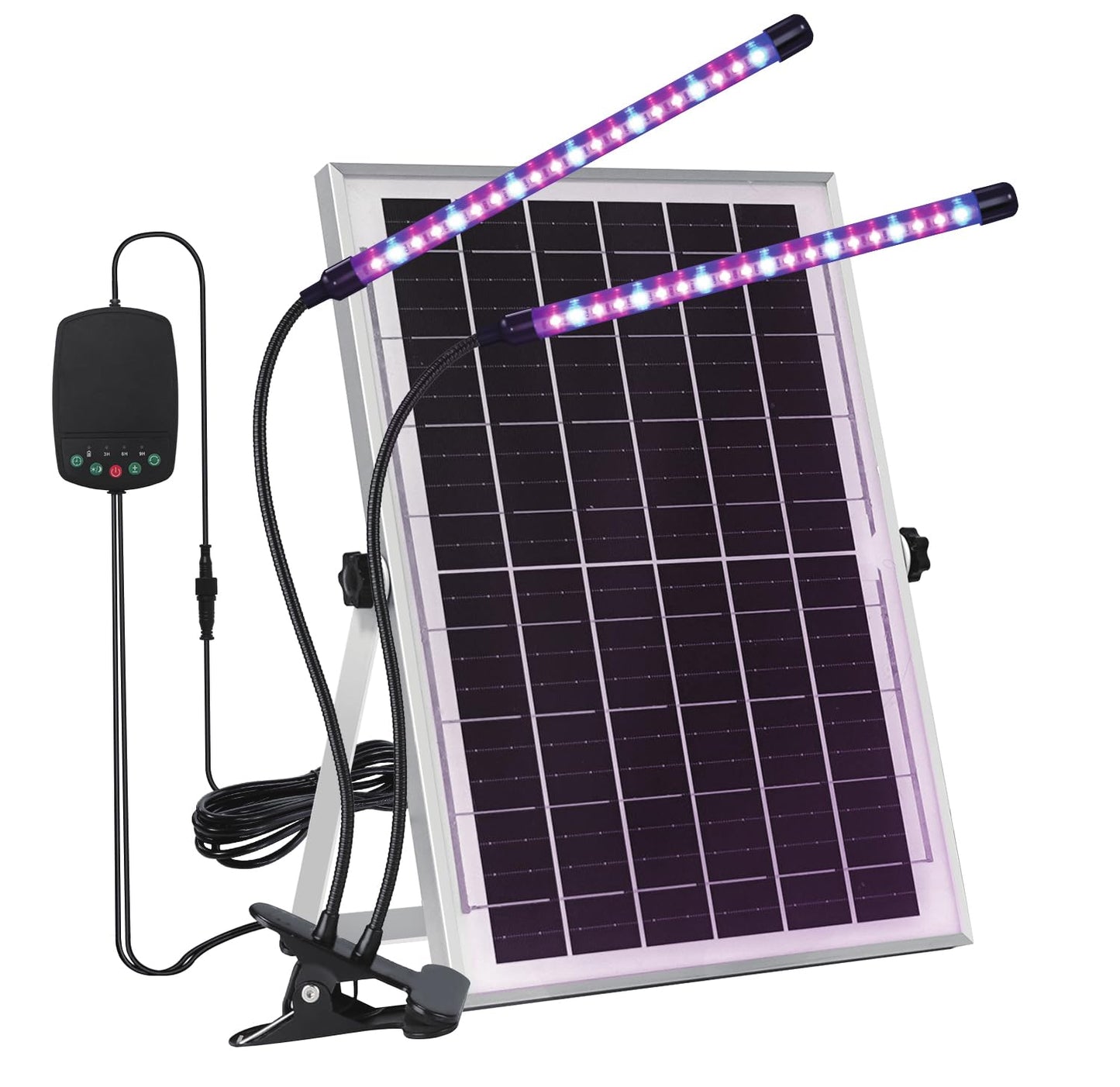 ladate Solar Grow Lights with Batteries, 2 Heads Clip Plant Growing Lamp with Red Blue Spectrum for Indoor Plants, 3/9/12H Timer, 3 Dimmable Level, Adjustable Gooseneck,3 Switch Modes, Auto On Off