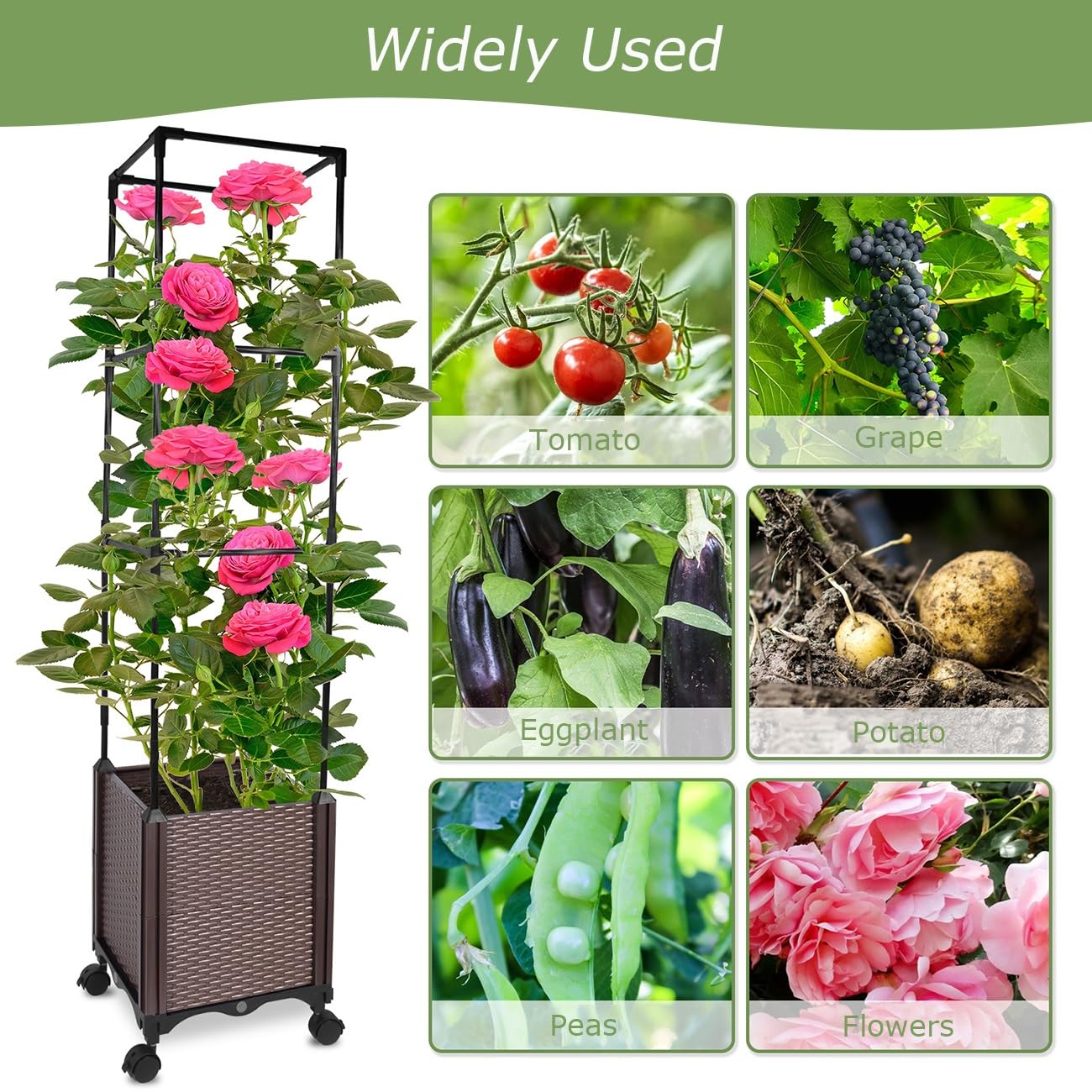 2-in-1 Raised Garden Bed Planter Box with Trellis Wheels, Tomato Cage for Indoor Outdoor Climbing Plants Vegetable Vine Flowers(180cm/70.9″)