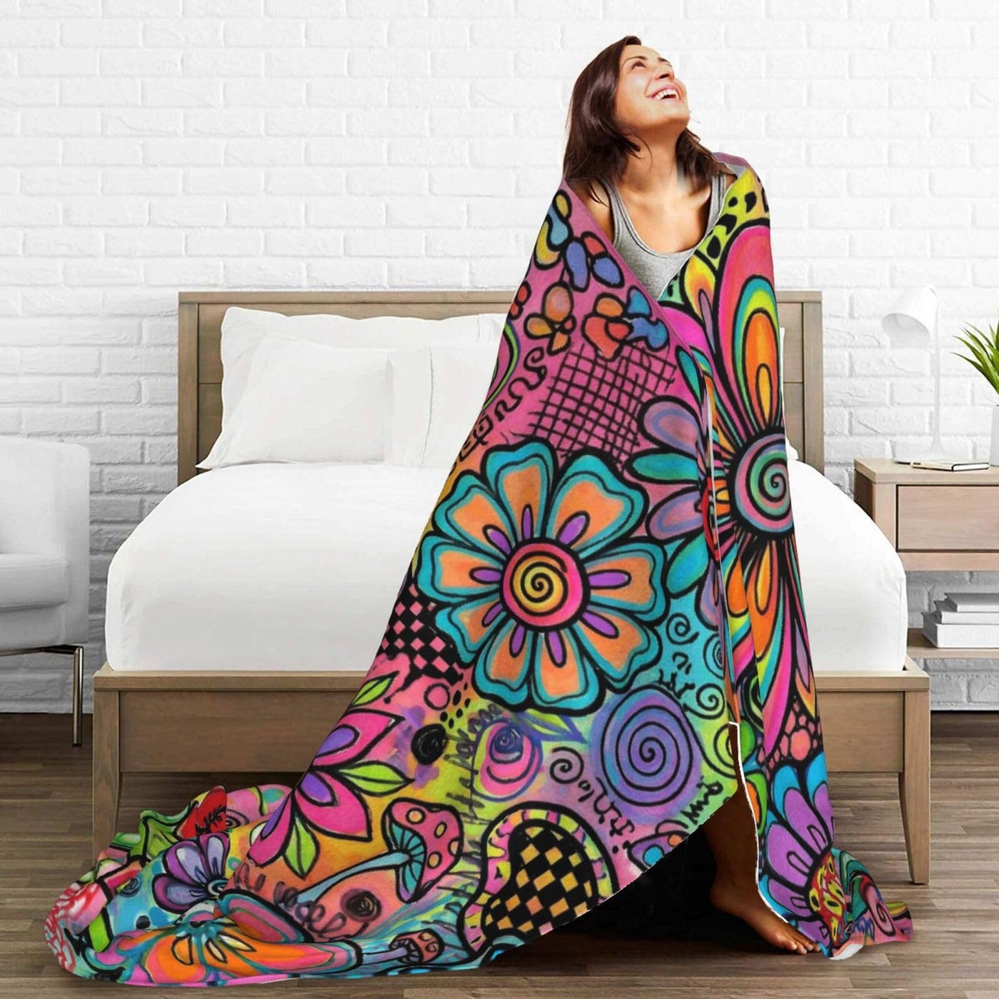 Gbuzozie Hippie Art Flowers Doodle Fleece Blanket Lightweight Ultra-Soft Throw Blanket for Sofa Couch Bed Camping Travel - Super Soft Cozy Microfiber Blanket 60"X50"
