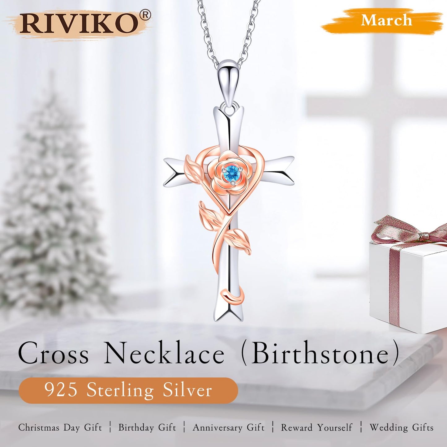 RIVIKO Mothers Day Gifts for Mom-925 Sterling Silver Cross March Birthstone Necklace for Women Anniversary Jewelry Gift