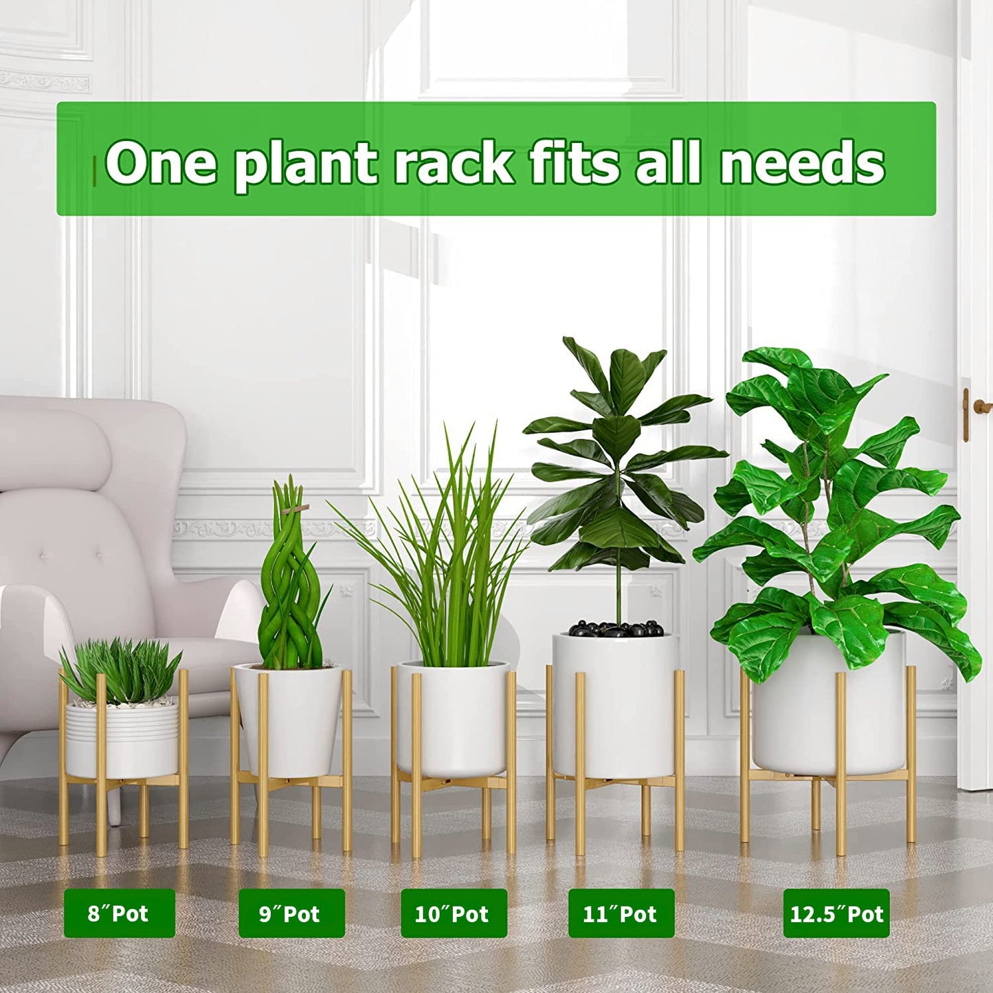 EKNITEY Adjustable Plant Pot Stand: Indoor Outdoor Modern Flower Holder Metal Plant Rack Organizer Planter Stand for Garden Patio Corner Bathroom Living Room Balcony Home Office (Gold)
