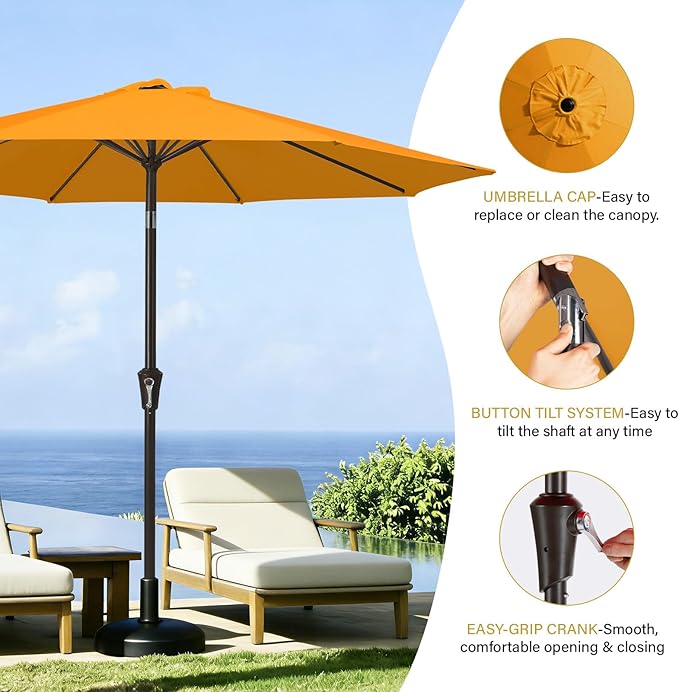 MEWAY 9ft Patio Umbrella Outdoor Table Umbrellas with Push Tilt and Crank, Market Umbrella 8 Sturdy Ribs for Deck, Garden, Pool and Backyard, Bright Orange