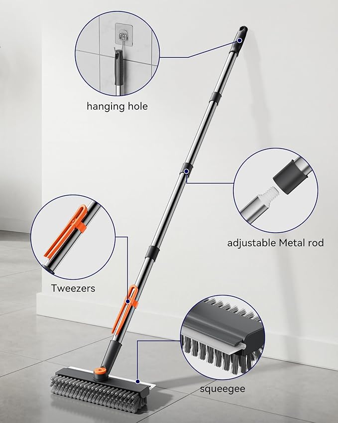 Small Floor Scrub Brush with Length Adjustable Long Handle, 3 in 1 Heavy-Duty