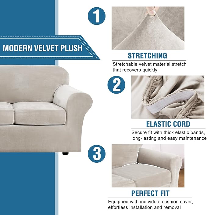 H.VERSAILTEX Modern Velvet Plush 4 Piece High Stretch Sofa Slipcover Sofa Cover