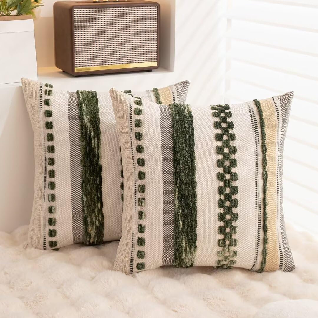 Boho Throw Pillow Covers 18x18 Set of 2 Farmhouse Decorative Cushion Case Striped Square Pillows Cover Chenille Pillow Cases Accent Neutral Pillowcase for Sofa Couch Bed,Sky Blue