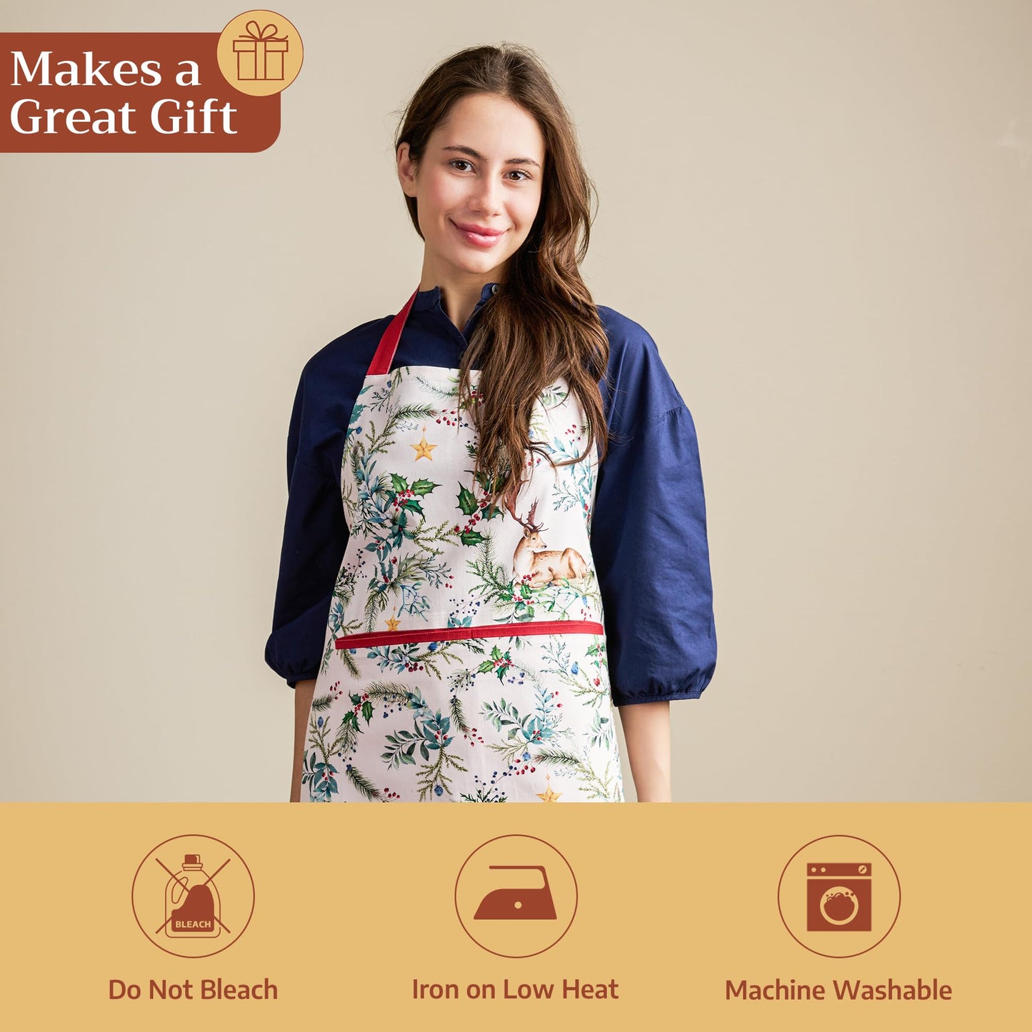 Maison d' Hermine 100% Cotton Apron for women with Pocket Kitchen Chef Fall Apron for Men Cooking Gardening Server Waitress Maid (Holly Time)