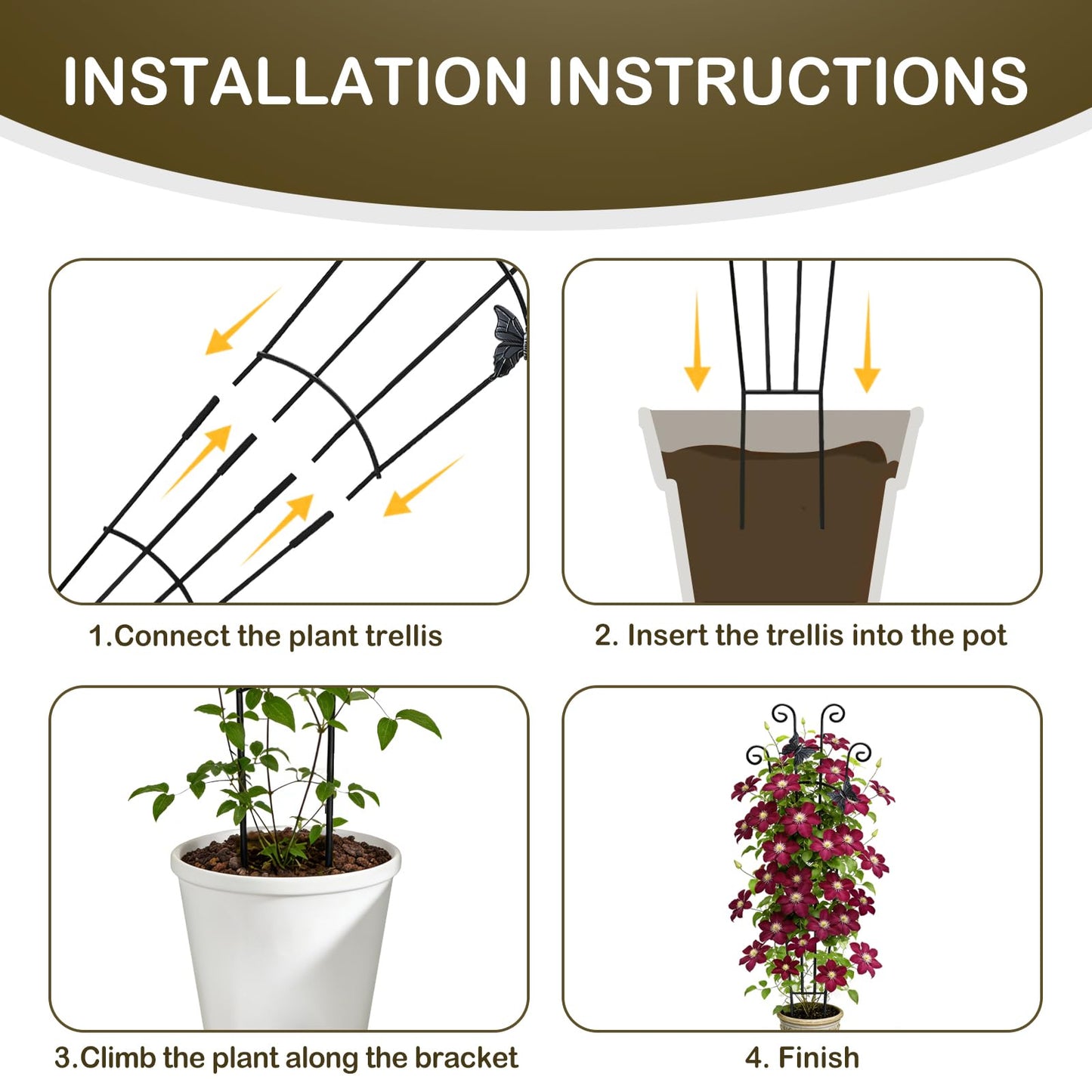 Trellis for Climbing Plants Indoor 4 Pack 30 Inch,Rustproof Metal Garden Trellis for Potted Plants,Sturdy Houseplant Support Indoor Outdoor for Ivy Pothos Monstera Hoya Flower Vine ﻿ ﻿ ﻿ ﻿