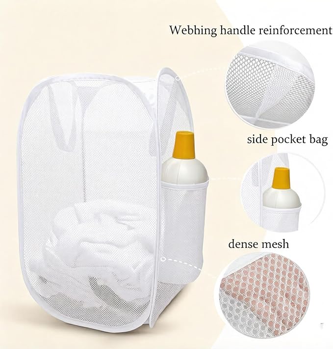 The upgraded pop-up laundry basket features a breathable side pocket mesh design