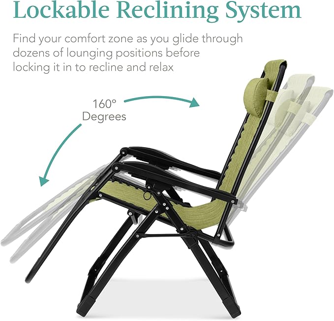 Best Choice Products Oversized Zero Gravity Chair, Folding Outdoor Patio Recliner, XL Anti Gravity Lounger w/Removable Cushion, Cup Holder, Side Tray, 350lb Capacity - Lime Green
