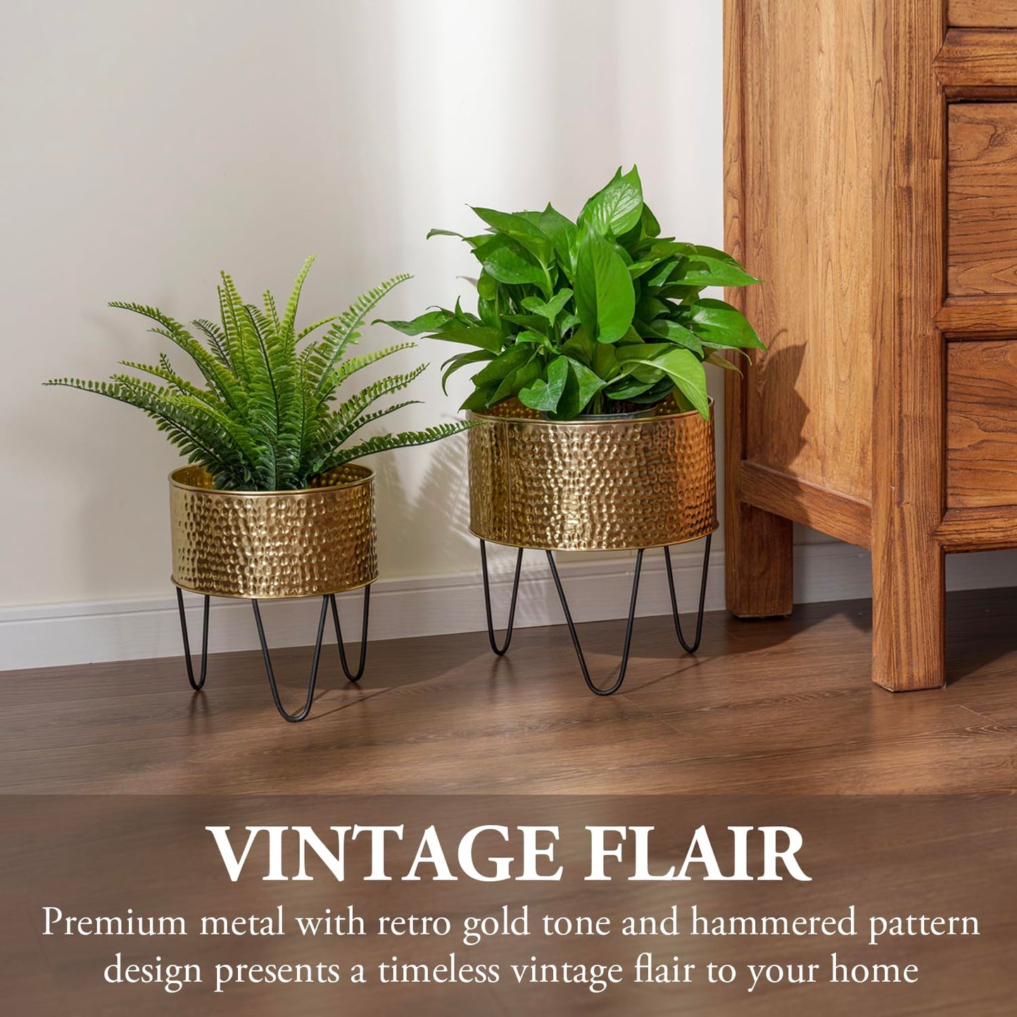 MyGift Modern Brass Tone Metal Planter Pots with Pebbled Texture, Hammered Plant Containers with Matte Black Wire Stands, 2 Piece Set, 8 and 10 Inch - Handcrafted in India