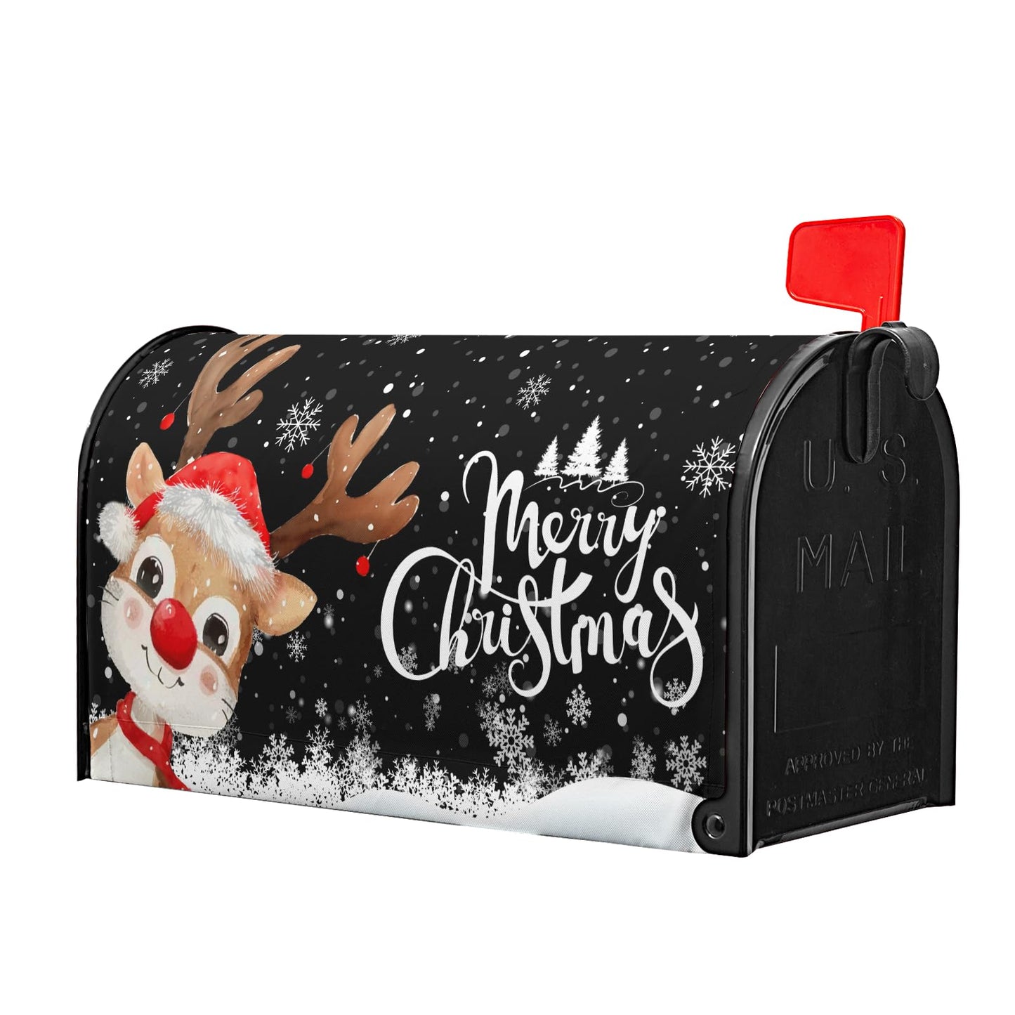 Anyako Merry Christmas Reindeer Black Mailbox Covers Magnetic Standard Size 18" X 21",Winter Snowflake Mailbox Wraps Post Letter Winter Box Cover for Holiday Garden Yard Decor