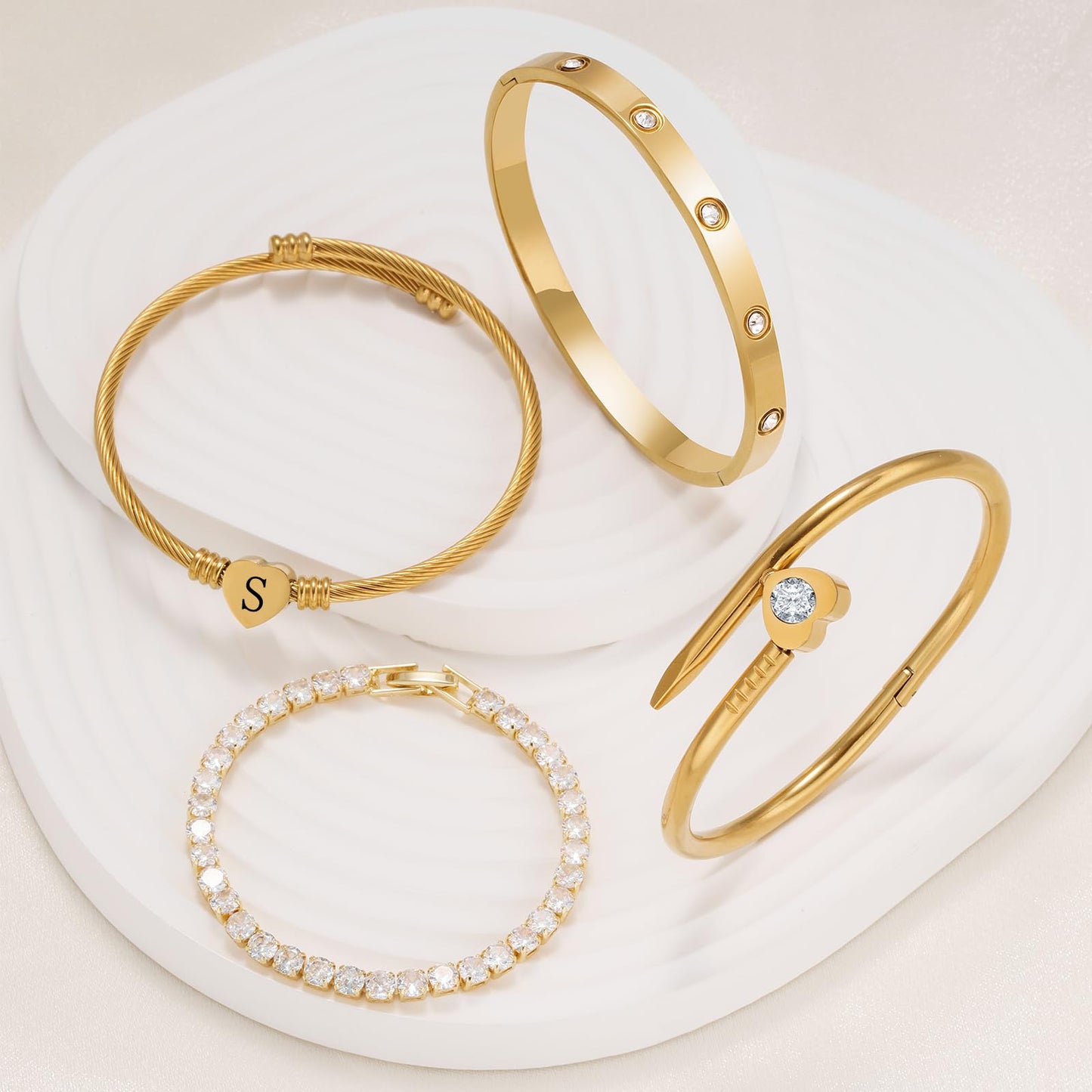 MEIERYA18K Gold Plated Nail love Bangle Bracelet Set for Women,Cubic Zirconia,Adjustable tennis bracelet Trendy Gift Jewelry for Mother's Day Anniversary (13-Style-S)